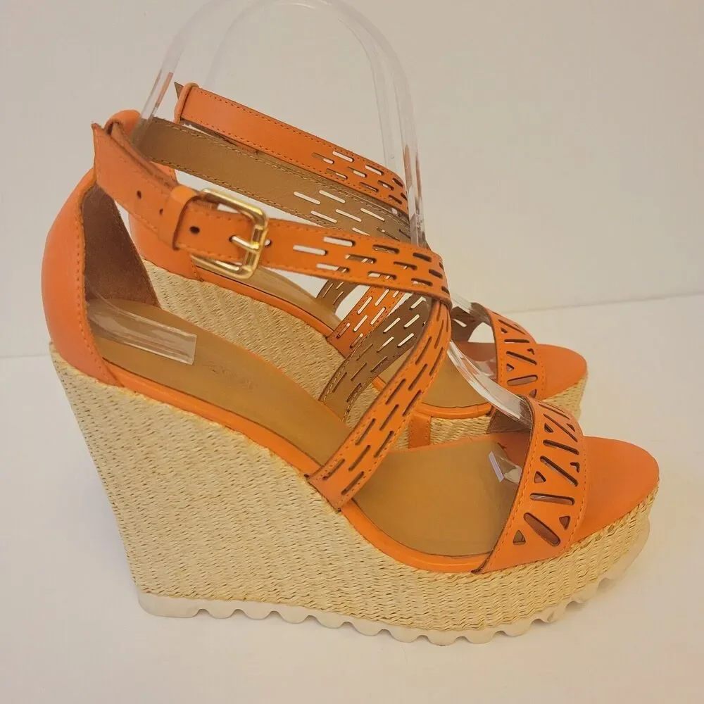 Kazar Leather Orange Straps Platform Wedge Sz 37 Women Shoes